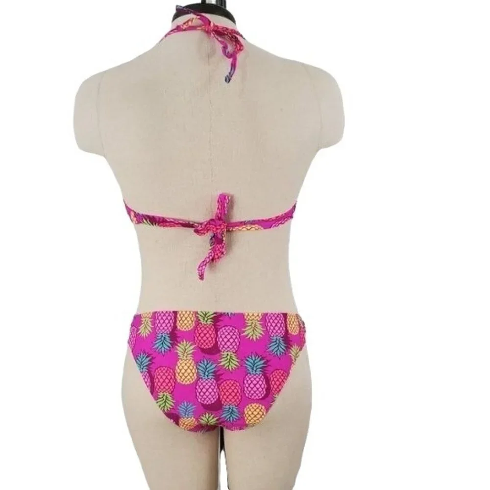 California Waves pink pineapple bandeau bikini women's size small